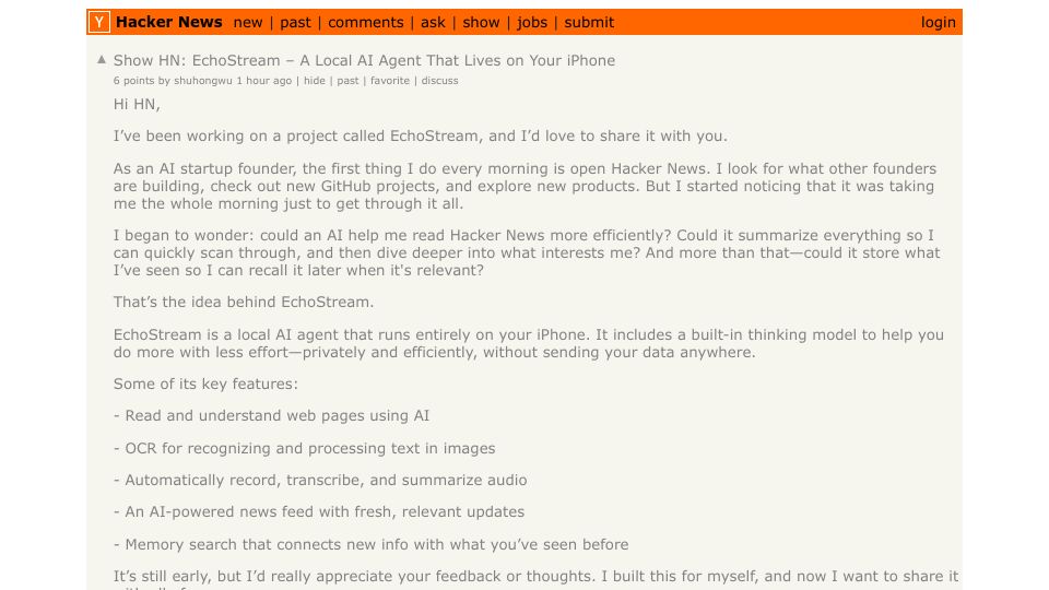 Screenshot of Hacker News post: Show HN: EchoStream – A Local AI Agent That Lives on Your iPhone
