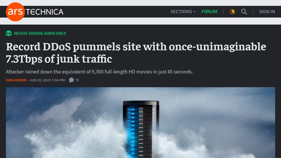 Screenshot of arstechnica.com: Record DDoS pummels site with once-unimaginable 7.3Tbps of junk traffic