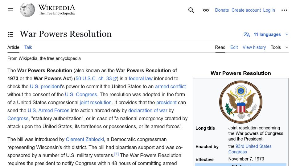 Screenshot of en.wikipedia.org: War Powers Resolution