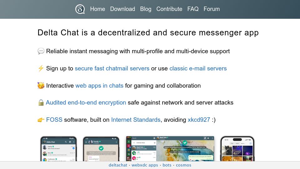 Screenshot of delta.chat: Delta Chat is a decentralized and secure messenger app