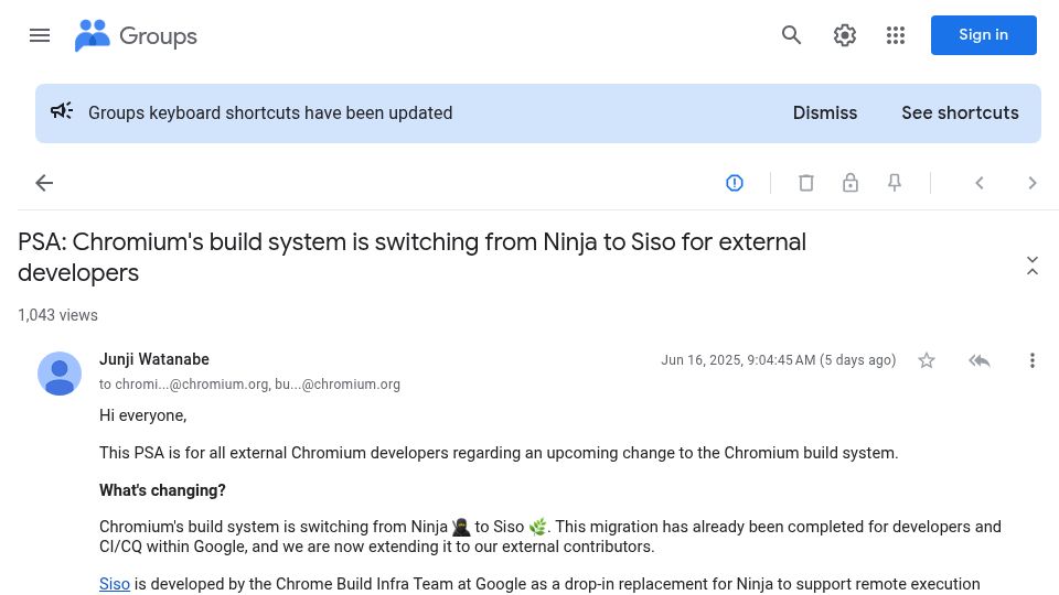 Screenshot of groups.google.com: Chromium Switching from Ninja to Siso