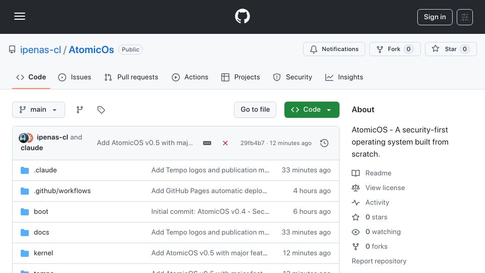Screenshot of github.com: AtomicOS – A security-first OS with real crypto and deterministic language
