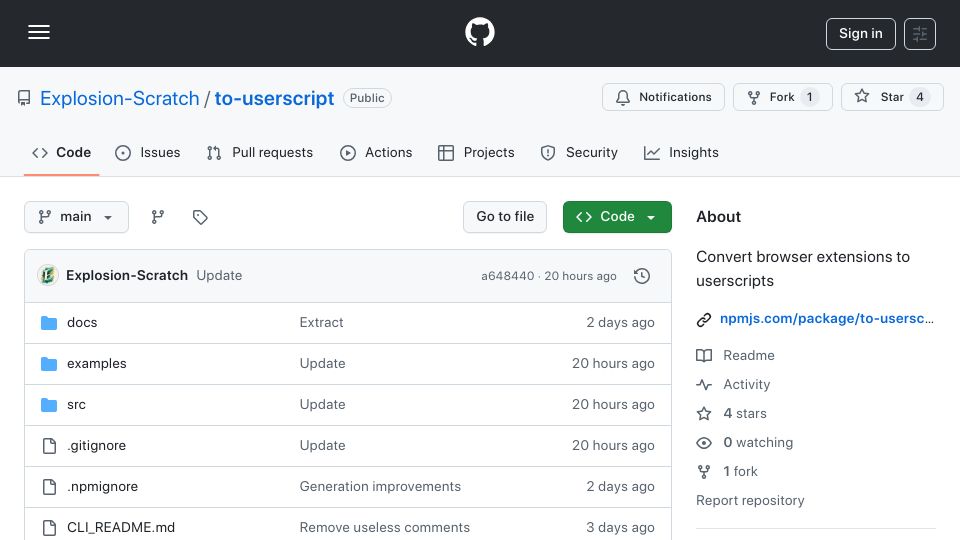 Screenshot of github.com: Show HN: To-Userscript: Chrome Extension to Userscript Converter