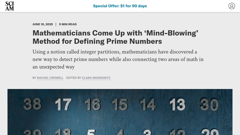 Screenshot of scientificamerican.com: Mathematicians hunting prime numbers discover infinite new pattern