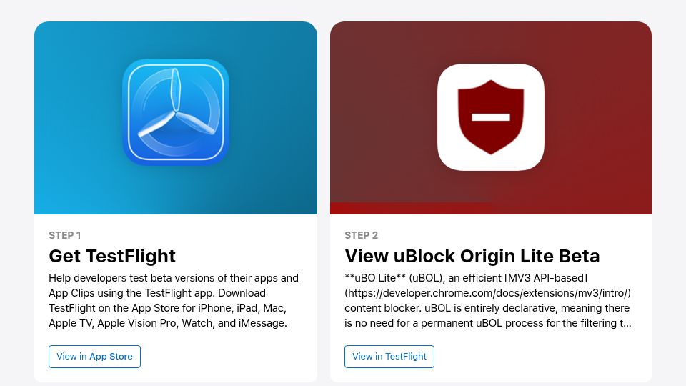 Screenshot of testflight.apple.com: uBlock Origin Lite Beta for Safari iOS
