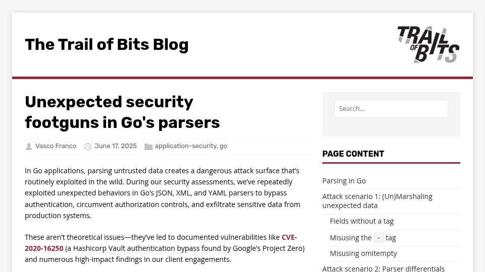 Screenshot of blog.trailofbits.com: Unexpected security footguns in Go's parsers