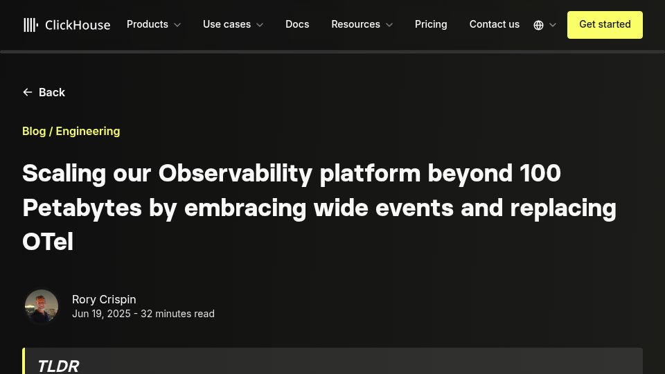 Screenshot of clickhouse.com: Scaling our observability platform by embracing wide events and replacing OTel