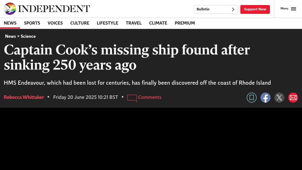 Screenshot of independent.co.uk: Captain Cook's missing ship found after sinking 250 years ago