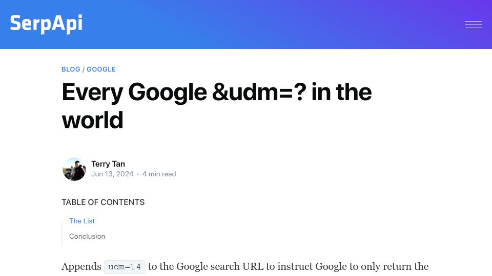 Screenshot of serpapi.com: Every Google &udm=? in the world (2024)