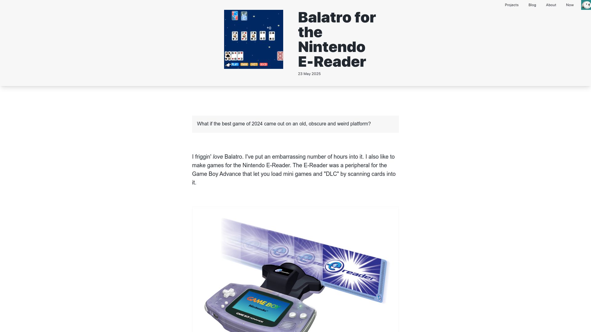 Screenshot of mattgreer.dev: Balatro for the Nintendo E-Reader