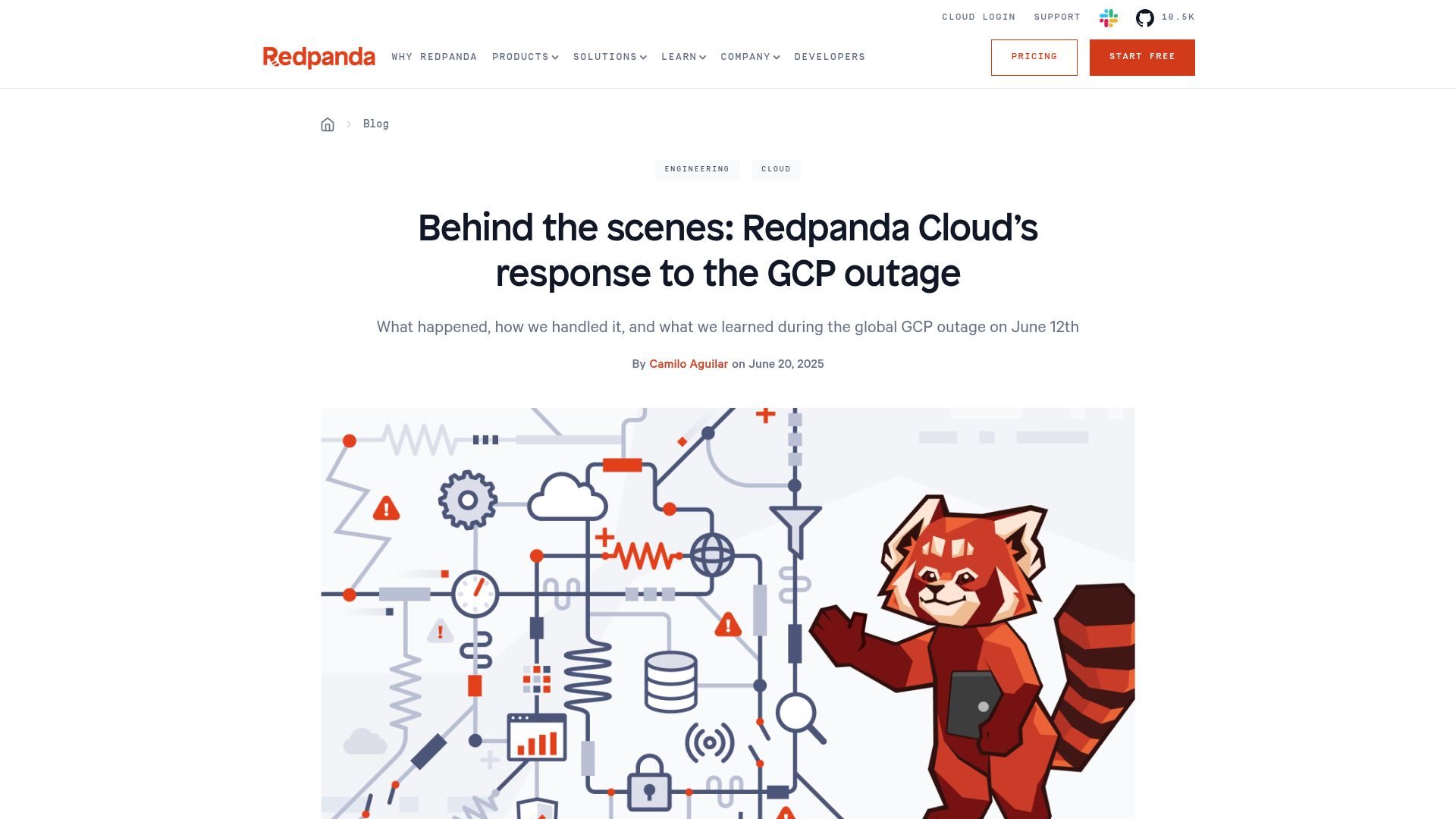 Screenshot of redpanda.com: Behind the scenes: Redpanda Cloud's response to the GCP outage