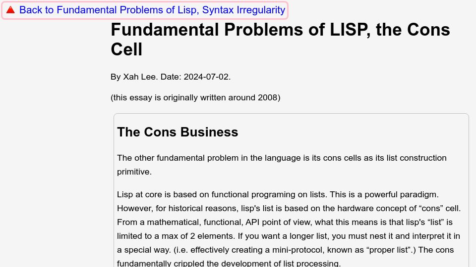Screenshot of xahlee.info: Fundamental Problems of Lisp, the Cons Cell (2024)