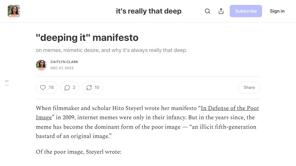 Screenshot of caitlynclark.substack.com: On memes, mimetic desire, and why it's always that deep