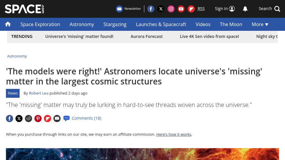 Screenshot of space.com: Astronomers locate universe's 'missing' matter in the largest cosmic structures