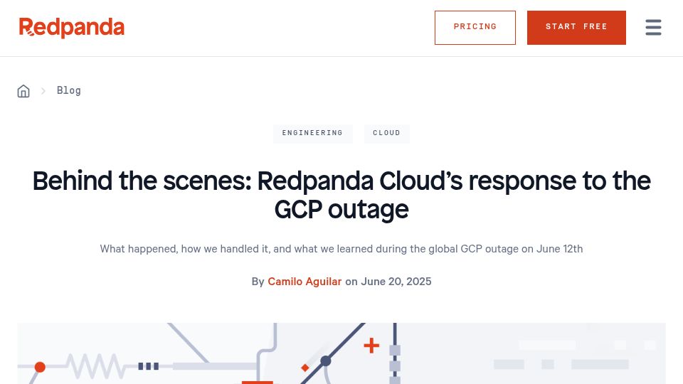 Screenshot of redpanda.com: Behind the scenes: Redpanda Cloud's response to the GCP outage