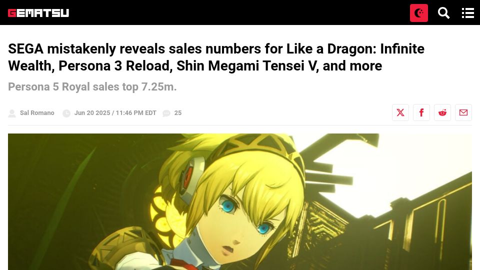 Screenshot of gematsu.com: Sega mistakenly reveals sales numbers of popular games