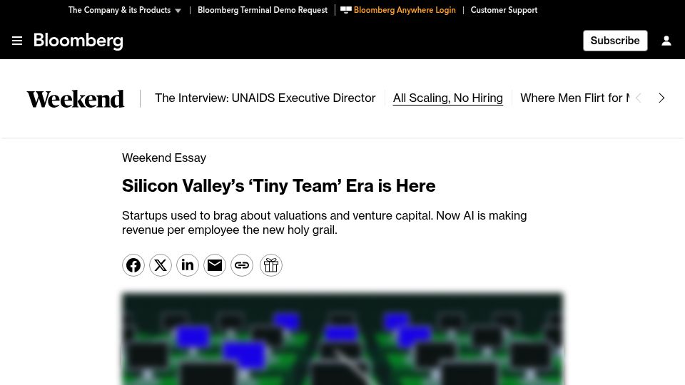 Screenshot of bloomberg.com: AI is ushering in a 'tiny team' era