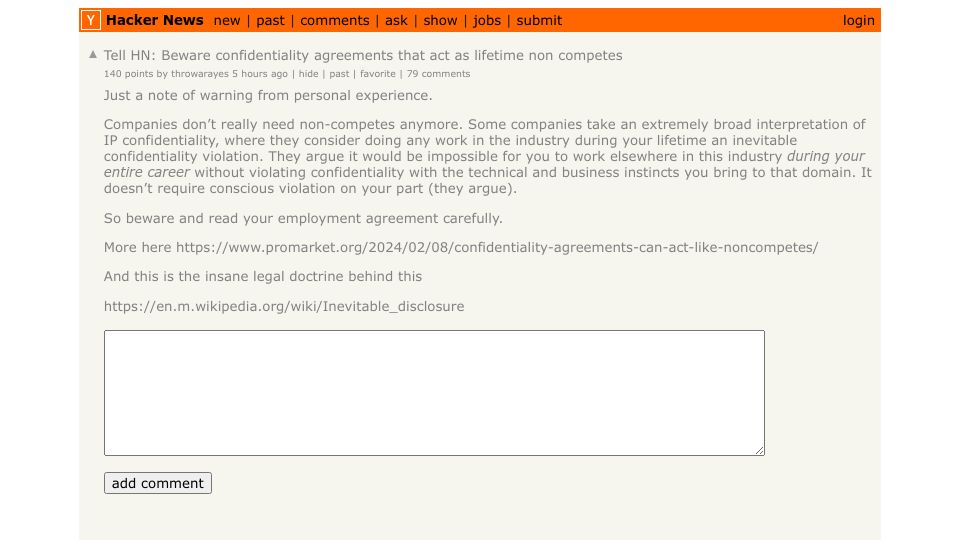 Screenshot of Hacker News post: Tell HN: Beware confidentiality agreements that act as lifetime non competes
