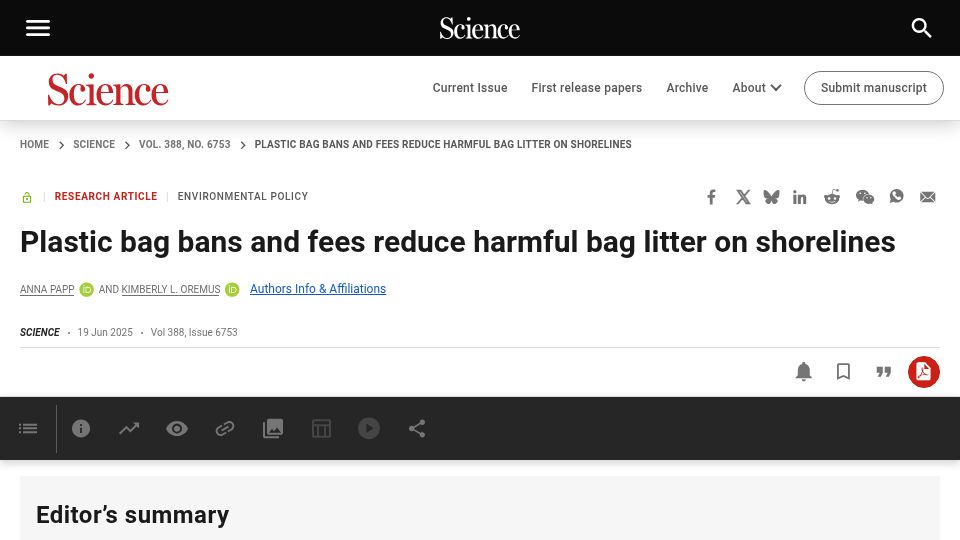 Screenshot of science.org: Plastic bag bans and fees reduce harmful bag litter on shorelines