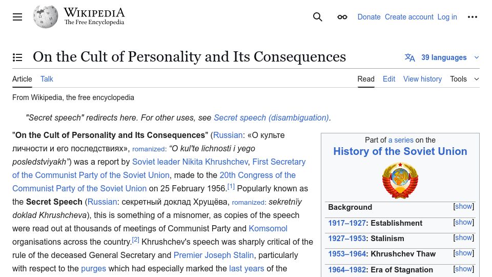 Screenshot of en.wikipedia.org: The Cult of Personality and Its Consequences