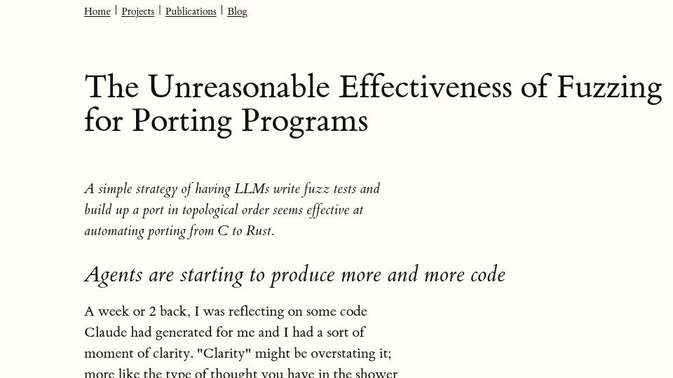 Screenshot of rjp.io: The Unreasonable Effectiveness of Fuzzing for Porting Programs