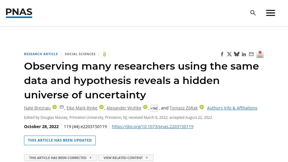 Screenshot of pnas.org: Researchers using the same data and hypothesis arrive at different conclusions (2022)