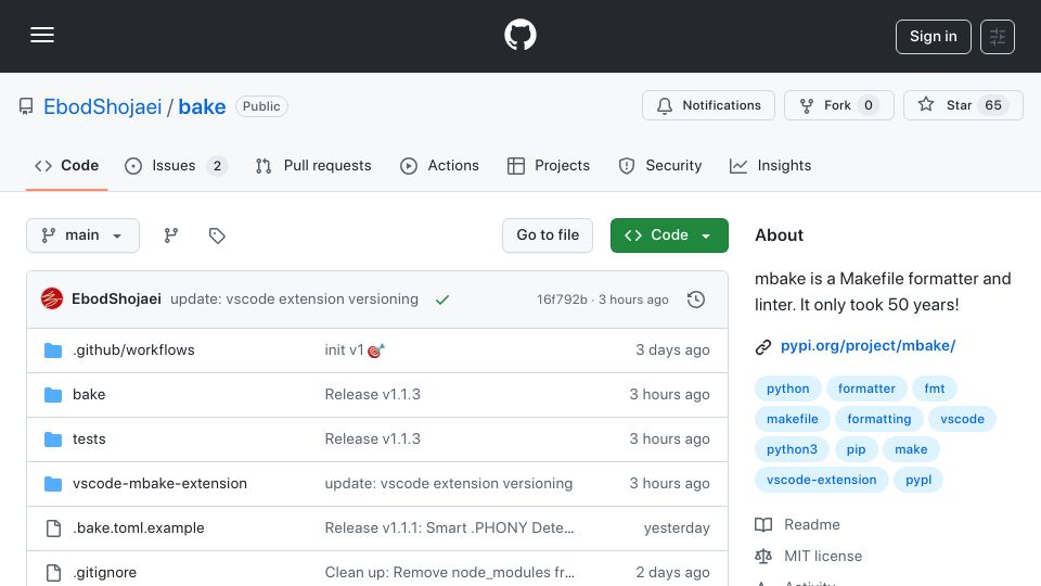 Screenshot of github.com: Mbake – A Makefile formatter and linter, that only took 50 years