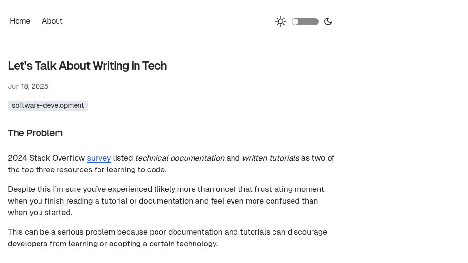 Screenshot of gmoniava.com: Let's Talk About Writing in Tech