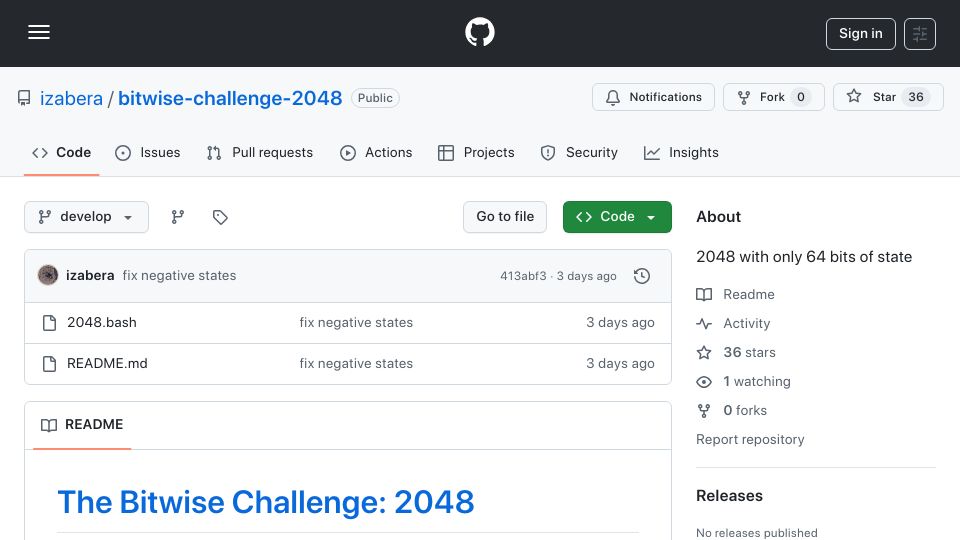 Screenshot of github.com: 2048 with only 64 bits of state