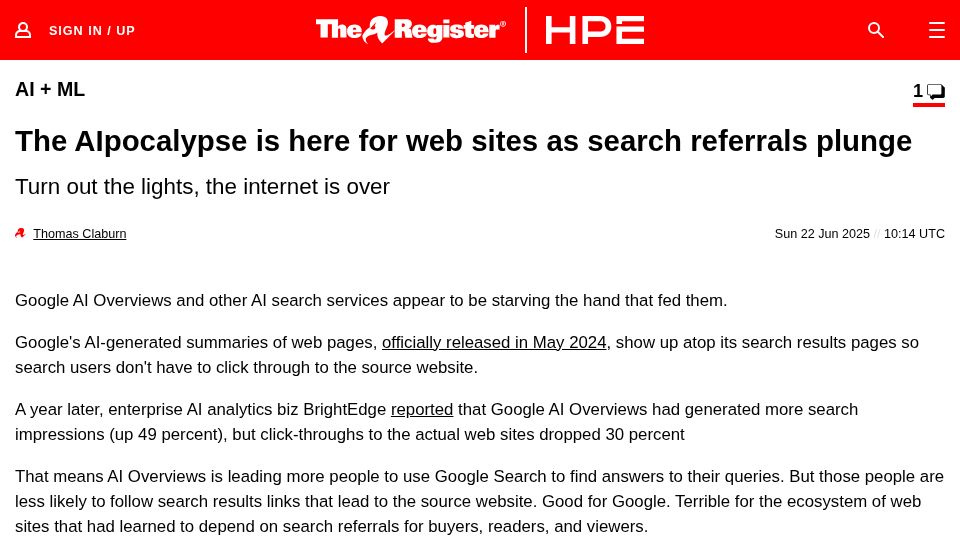 Screenshot of theregister.com: The AIpocalypse is here for web sites as search referrals plunge