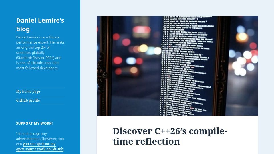 Screenshot of lemire.me: Discover C++26's compile-time reflection