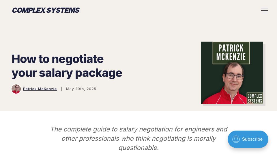 Screenshot of complexsystemspodcast.com: How to negotiate your salary package