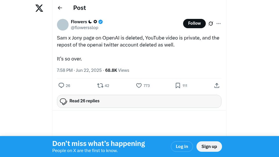 Screenshot of twitter.com: Sam x Jony page on OpenAI is deleted