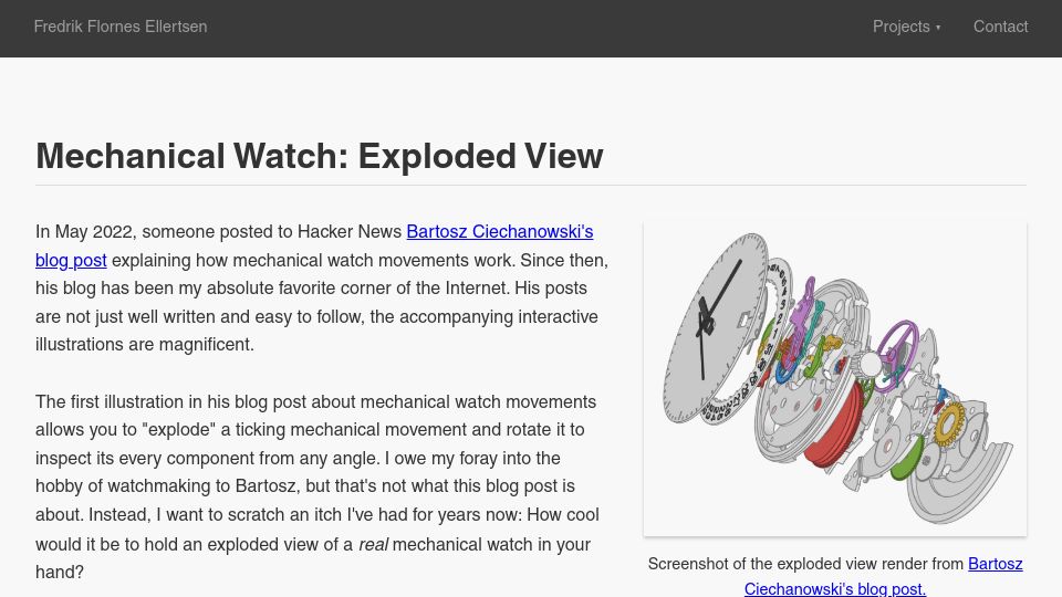 Screenshot of fellerts.no: Mechanical Watch: Exploded View
