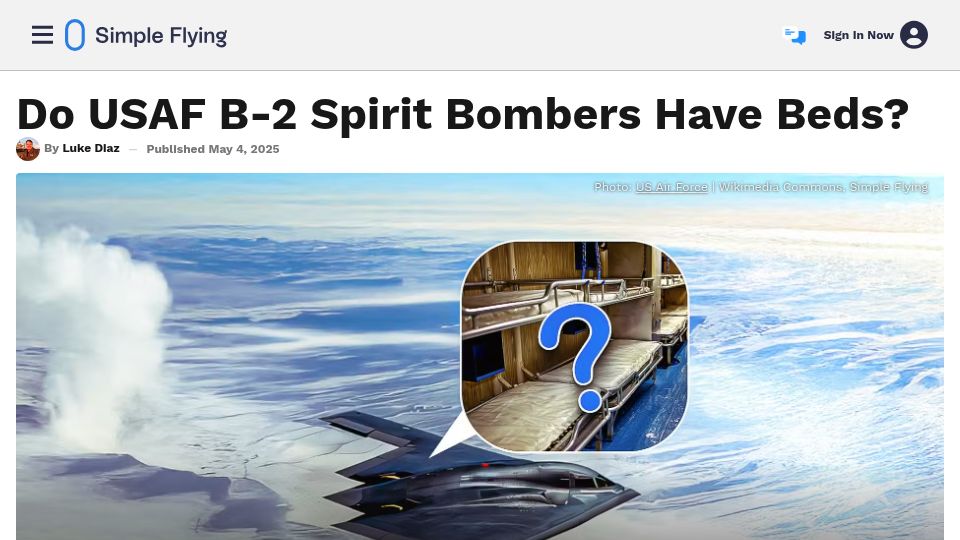 Screenshot of simpleflying.com: USAF B-2 Spirit Bombers Have Beds