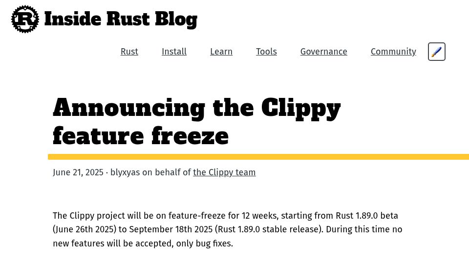 Screenshot of blog.rust-lang.org: Announcing the Clippy feature freeze