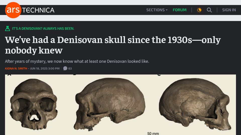 Screenshot of arstechnica.com: We’ve had a Denisovan skull since the 1930s, only nobody knew