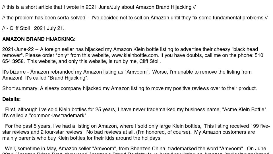 Screenshot of kleinbottle.com: Klein Bottle Amazon Brand Hijacking (2021)