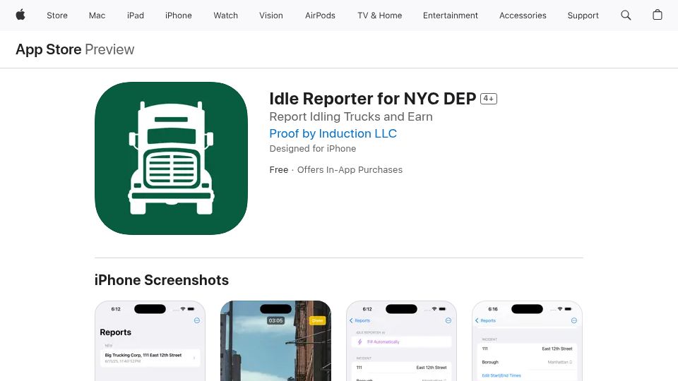 Screenshot of apps.apple.com: Show HN: Report idling vehicles in NYC (and get a cut of the fines) with AI