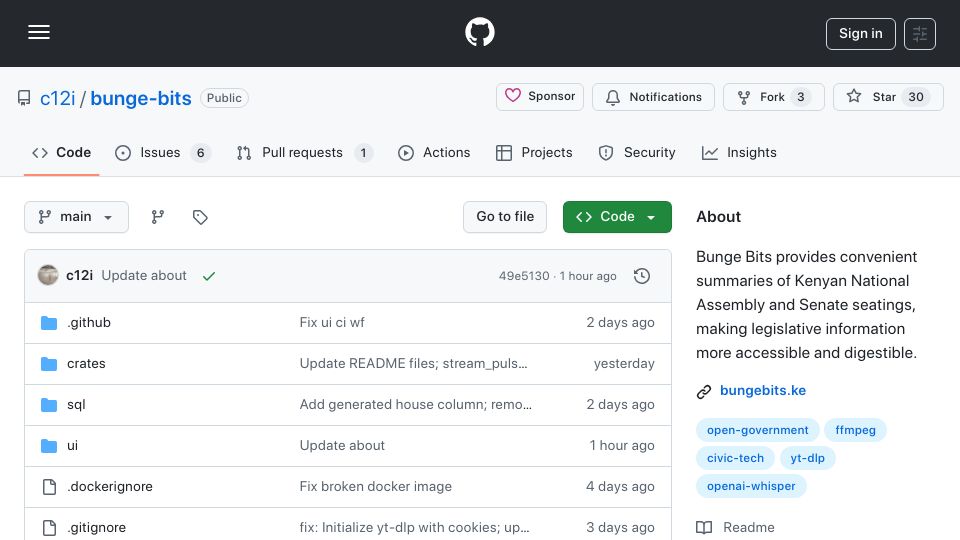Screenshot of github.com: Show HN: A Tool to Summarize Kenya's Parliament with Rust, Whisper, and LLMs