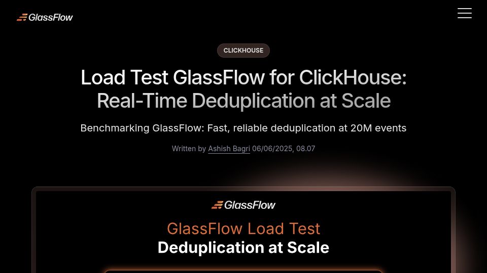 Screenshot of glassflow.dev: Load Test GlassFlow for ClickHouse: Real-Time Dedup at Scale