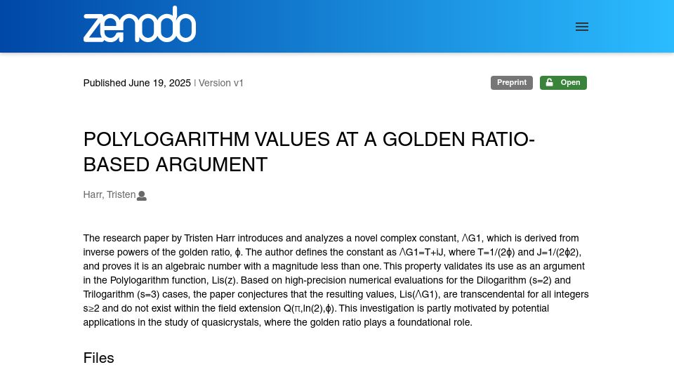 Screenshot of zenodo.org: Polylogarithm Values at a Golden Ratio-Based Argument