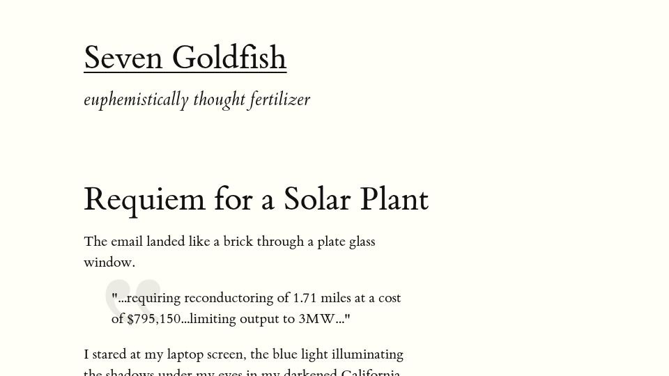 Screenshot of 7goldfish.com: Requiem for a Solar Plant