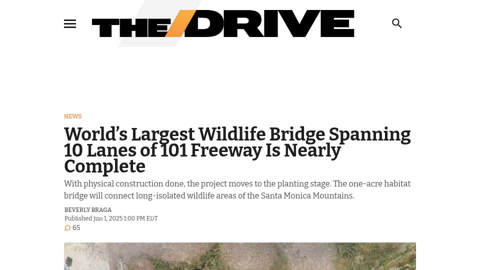 Screenshot of thedrive.com: Largest Wildlife Bridge Spanning 10 Lanes of CA 101 Is Nearly Complete