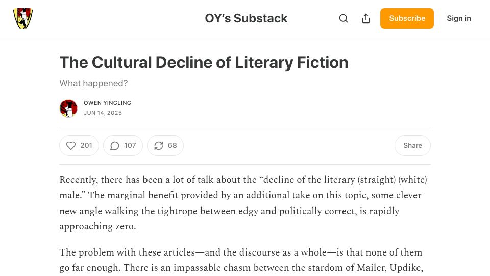 Screenshot of oyyy.substack.com: The cultural decline of literary fiction