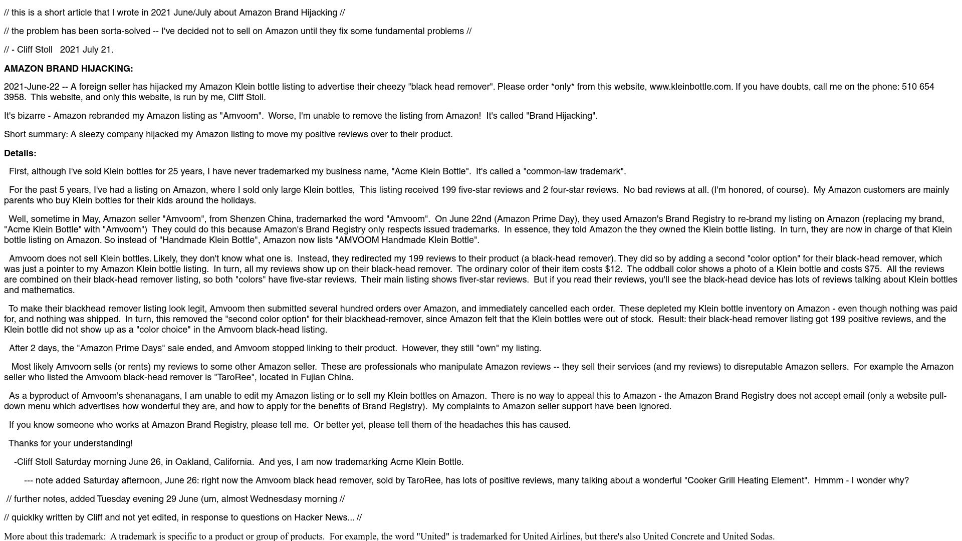 Screenshot of kleinbottle.com: Klein Bottle Amazon Brand Hijacking (2021)