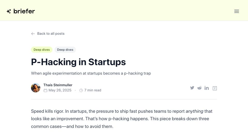 Screenshot of briefer.cloud: P-Hacking in Startups