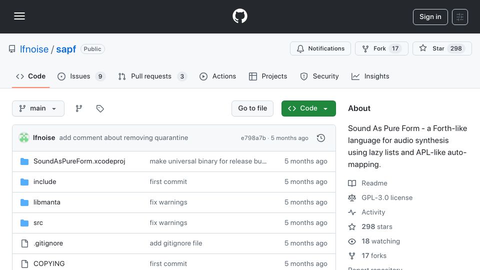 Screenshot of github.com: Sound As Pure Form: Music Language Inspired by Supercollider, APL, and Forth