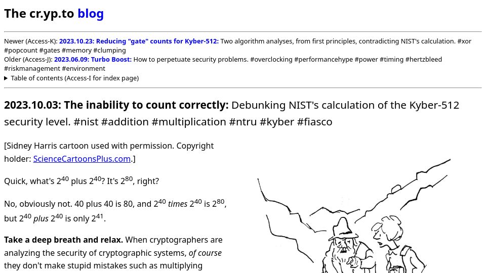 Screenshot of blog.cr.yp.to: Debunking NIST's calculation of the Kyber-512 security level (2023)