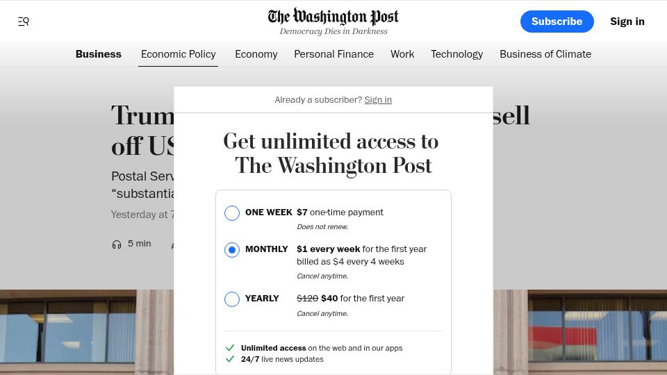 Screenshot of washingtonpost.com: GOP omnibus bill would sell off USPS's EVs